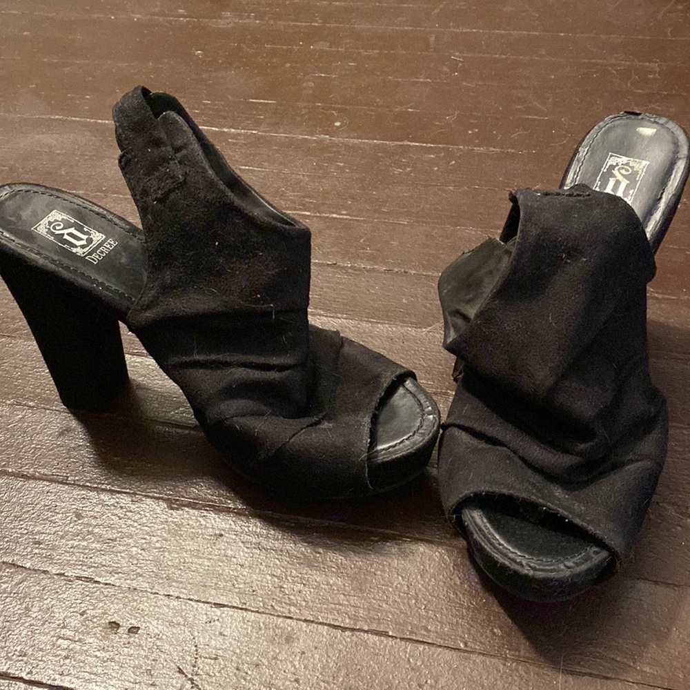 Black suede open toed heels